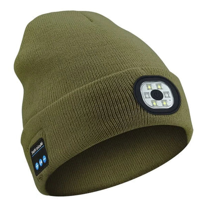 Belro 3-in-1 Bluetooth beanie with built-in flashlight and lighting tools, featuring integrated electronics and warm knit design.