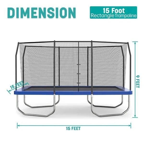 Casavibeo Skywalker 15x9 ft rectangle trampoline with safety net and padded edges for outdoor recreation and bouncing fun.