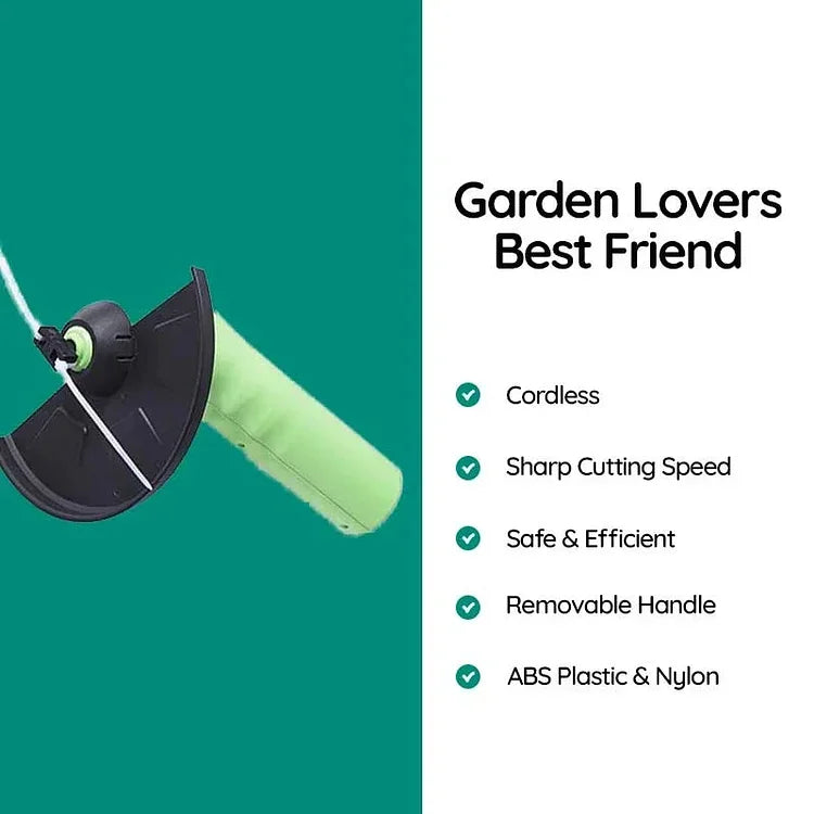 Belro cordless mini weed trimmer with a compact design, shown in use for trimming grass and weeds in a garden setting.