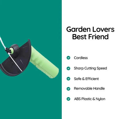 Belro cordless mini weed trimmer with a compact design, shown in use for trimming grass and weeds in a garden setting.