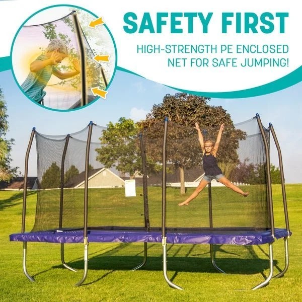 Casavibeo Skywalker 15x9-foot rectangle trampoline with safety net and padded edges, ideal for outdoor backyard fun.