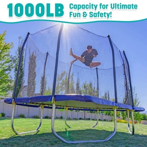 Casavibeo Skywalker 15x9 ft rectangular trampoline with safety net and padded edges, ideal for outdoor backyard fun.