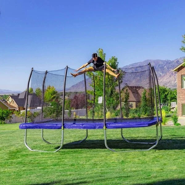Casavibeo Skywalker 15x9 ft rectangle trampoline with safety net, jumping surface, and sturdy frame for outdoor backyard fun.