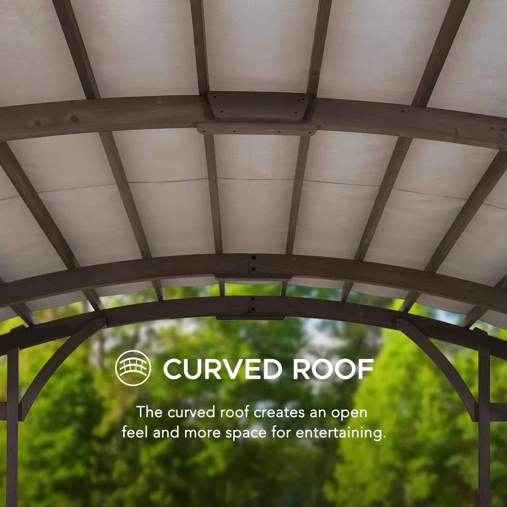 Light grey outdoor cedar wood framed arched pergola by Sunjoy Bellucci, 10x14 ft., with a stylish roof design.