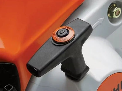 Husqvarna 592XP chainsaw with a black and orange body, metal guide bar, and sharp cutting chain for professional tree cutting.