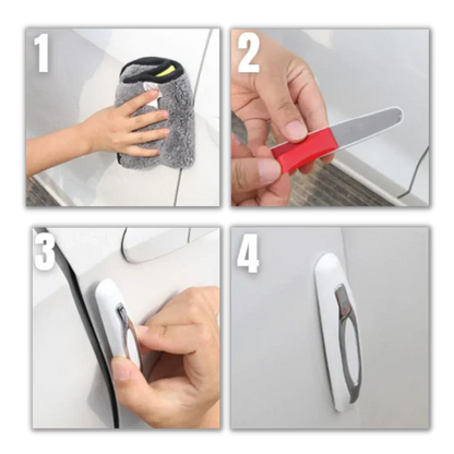 Belro 4-pack car door protection strips for baby and kids, adhesive strips shown installed to prevent door damage.