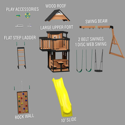 Casavibeo Canyon Creek Swing Set with yellow slide, showing detailed components and colorful outdoor play equipment for children.