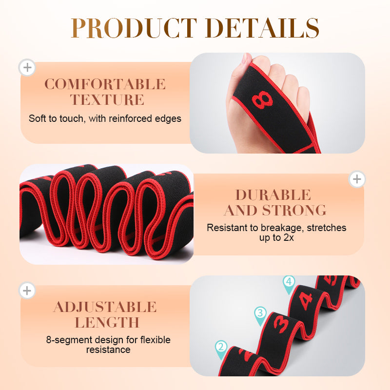 Mivoza Deutschland adjustable resistance band with 8 segments for yoga and strength training, shown in a home fitness setting.