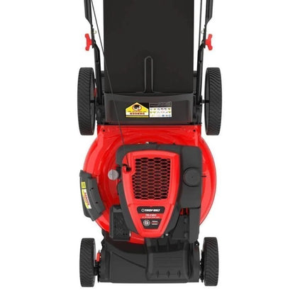 Casavibeo Troy-Bilt 21-inch 163cc 3-in-1 front-wheel drive self-propelled gas mower with grass collection bag and adjustable height.