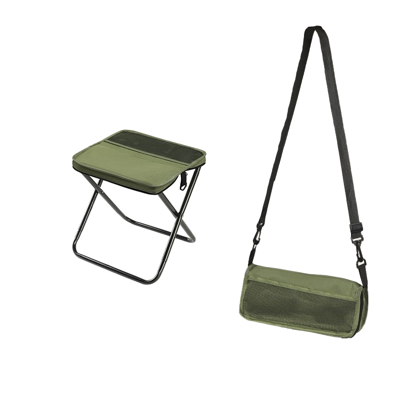 Lightweight foldable backpack stool by BowLift, portable seat ideal for hiking and camping, with a compact, foldable design.