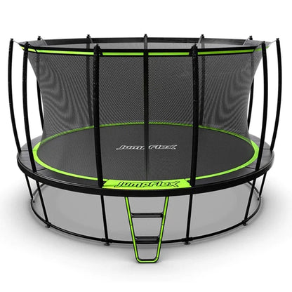 Casavibeo JumpFlex Hero Round outdoor backyard trampoline with safety net and sturdy frame, ideal for family outdoor fun.