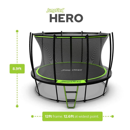 Casavibeo JumpFlex Hero round outdoor backyard trampoline with safety net and sturdy frame for kids and family outdoor fun.