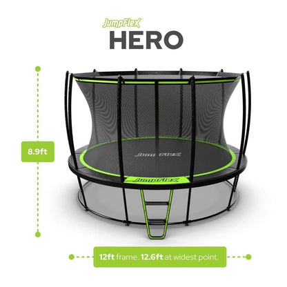 Casavibeo JumpFlex Hero Round outdoor backyard trampoline with safety net and spring padding, ideal for family outdoor fun.