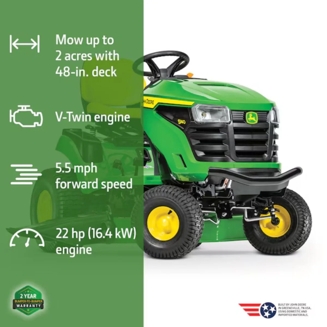 John Deere S140 riding lawn tractor with 48-inch deck, 22 HP V-twin gas engine, hydrostatic transmission, and sturdy design