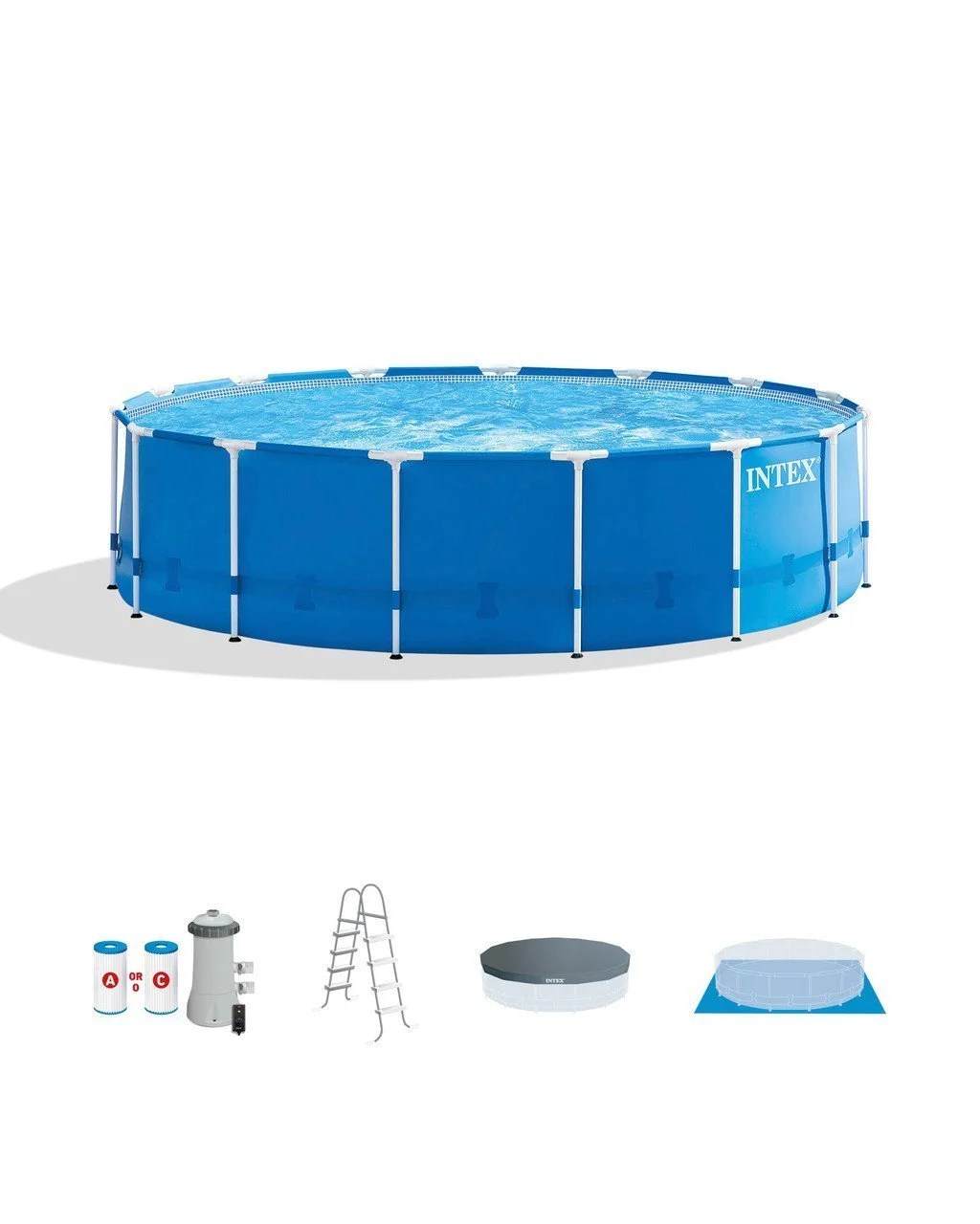 Intex 15ft x 48in metal frame above-ground pool set with blue liner and metal support frame, set up outdoors in a backyard.