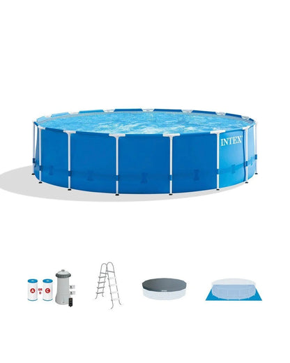 Intex 15ft x 48in metal frame above-ground pool set with blue liner and metal support frame, set up outdoors in a backyard.
