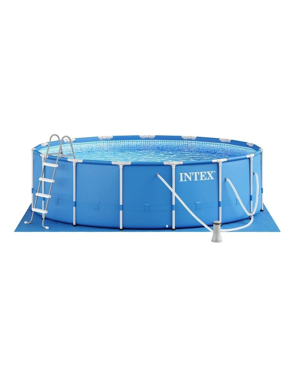 Intex 15ft x 48in metal frame pool set with blue water, sturdy metal frame, and surrounding pool liner, perfect for backyard swimming.