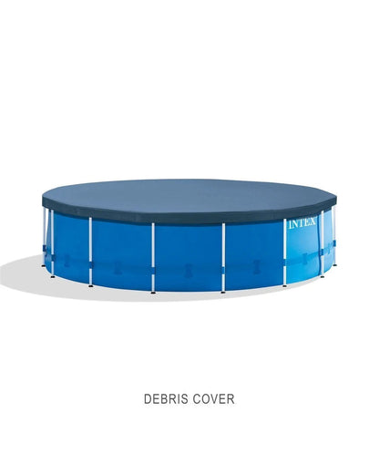 Casavibeo Intex 15ft x 48in metal frame pool set with cover, showing the pool and protective cover on a sunny backyard.