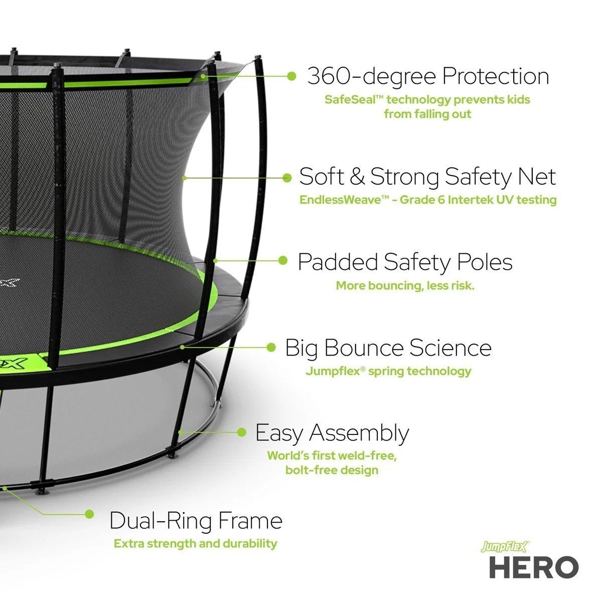 Casavibeo JumpFlex Hero Round outdoor backyard trampoline with safety net and padded edges, suitable for family fun and exercise.