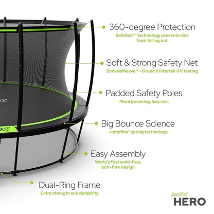 Casavibeo JumpFlex Hero Round outdoor backyard trampoline with safety net and padded edges, suitable for family fun and exercise.