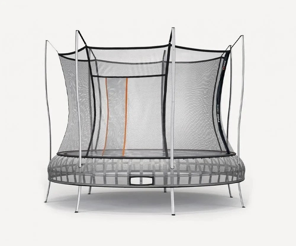 Casavibeo Vuly round springless outdoor trampoline with safety enclosure net, shows sturdy frame and jumping surface for children.
