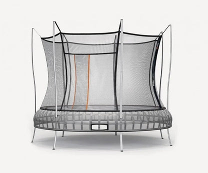 Casavibeo Vuly round springless outdoor trampoline with safety enclosure net, shows sturdy frame and jumping surface for children.