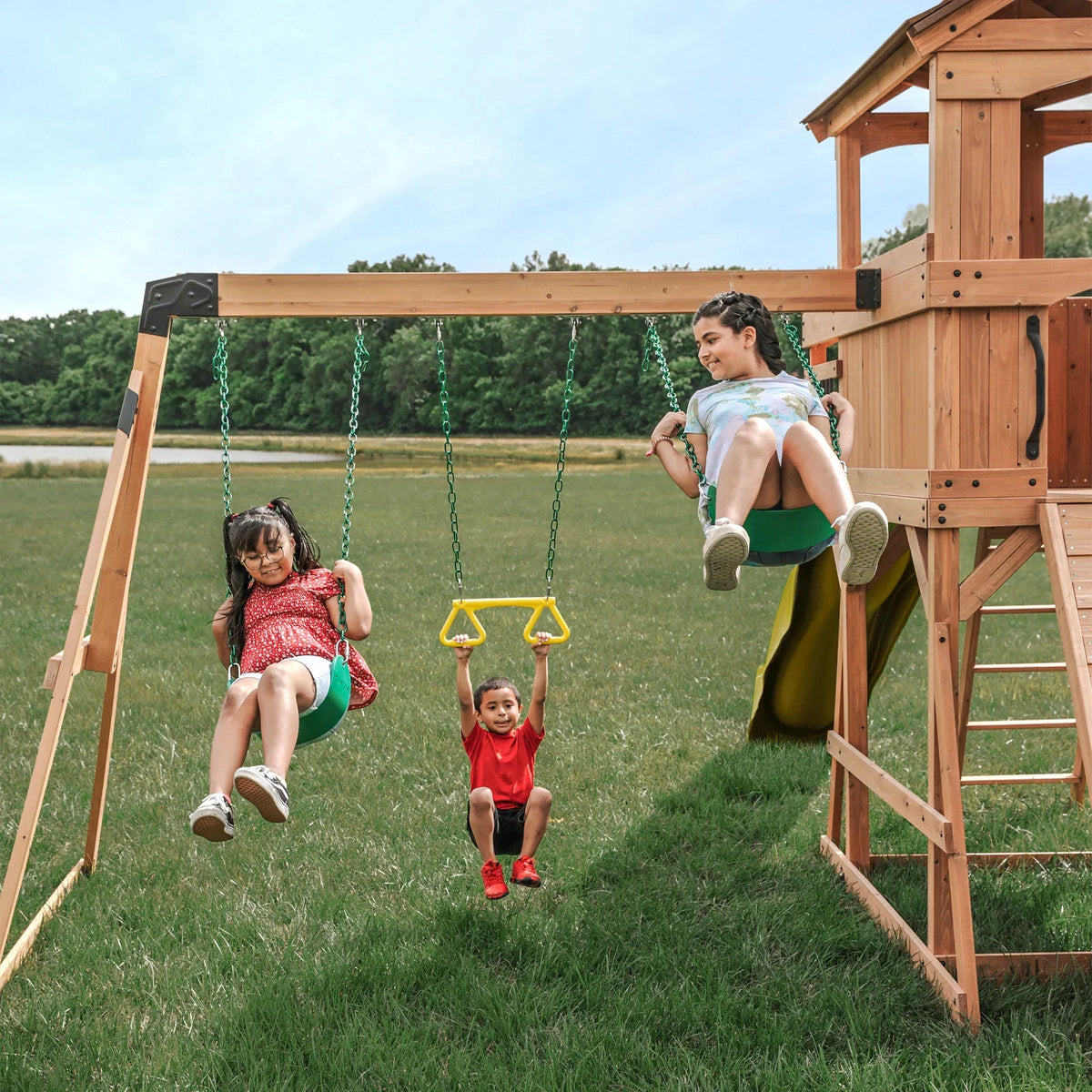 Yellow Casavibeo Sterling Point swing set with two swings, ideal for backyard playground fun and outdoor adventure.