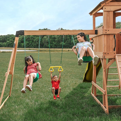 Yellow Casavibeo Sterling Point swing set with two swings, ideal for backyard playground fun and outdoor adventure.