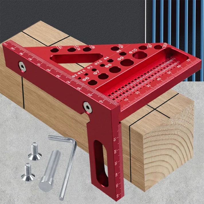 Mivoza aluminium woodworking square with drill guide, showing 90° and 45° angle markings for precise carpentry and measuring tasks.