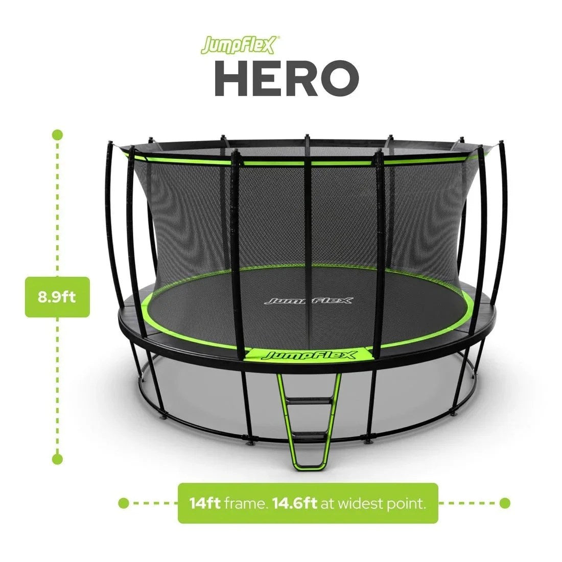 Casavibeo JumpFlex HERO 14ft round trampoline with safety enclosure and sturdy frame, ideal for outdoor backyard fun.