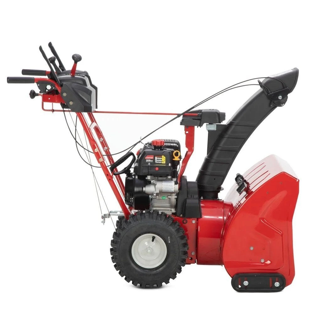 Casavibeo Troy-Bilt Storm 2600 26-inch gas snow blower with electric start and two-stage design, showing its robust snow-clearing features.