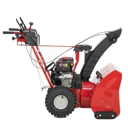 Casavibeo Troy-Bilt Storm 2600 26-inch gas snow blower with electric start and two-stage design, showing its robust snow-clearing features.