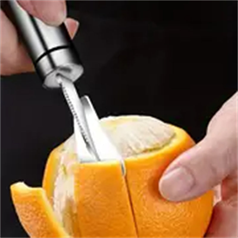 Belro orange peeler in use, kitchen appliance designed for easily peeling oranges and citrus fruits.