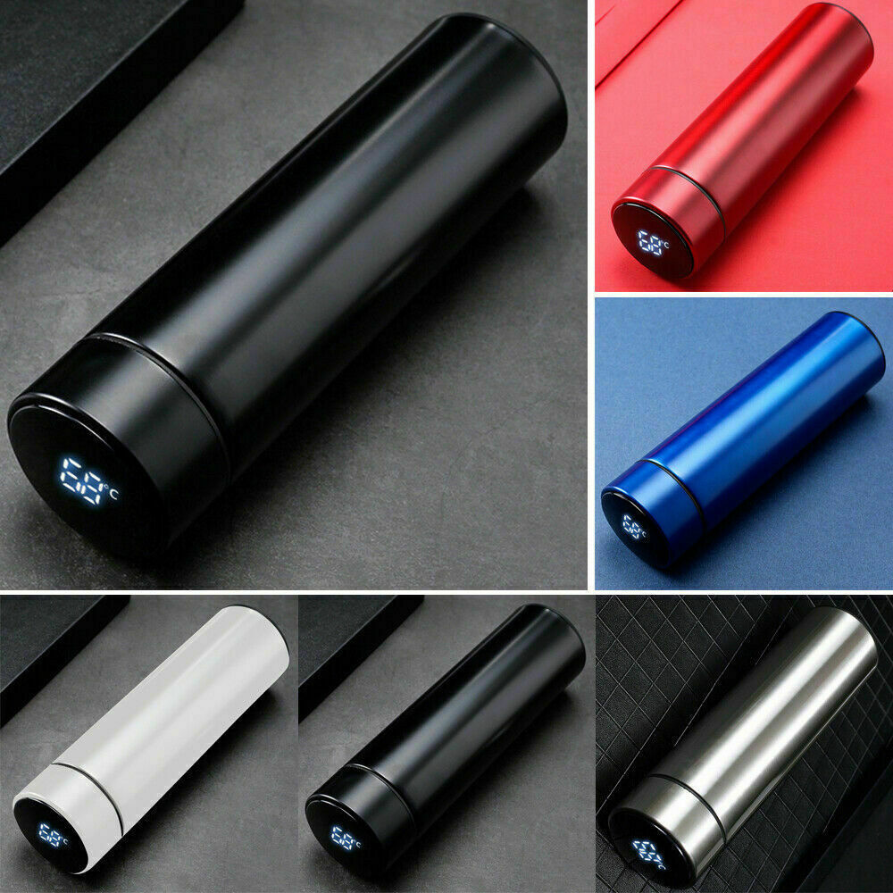 Belro LED temperature display thermos bottle with clear lid, showing temperature reading on stainless steel body for kitchen and dining use.