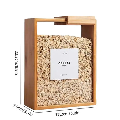 Belro bamboo cereal dispenser and food storage container for kitchen organization, featuring a clear glass body and bamboo lid.