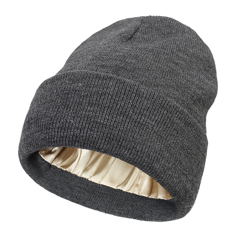 Belro satin-lined beanie hat for women, stylish winter accessory with a smooth satin interior and cozy knit exterior.