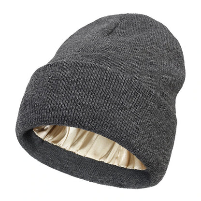 Belro satin-lined beanie hat for women, stylish winter accessory with a smooth satin interior and cozy knit exterior.