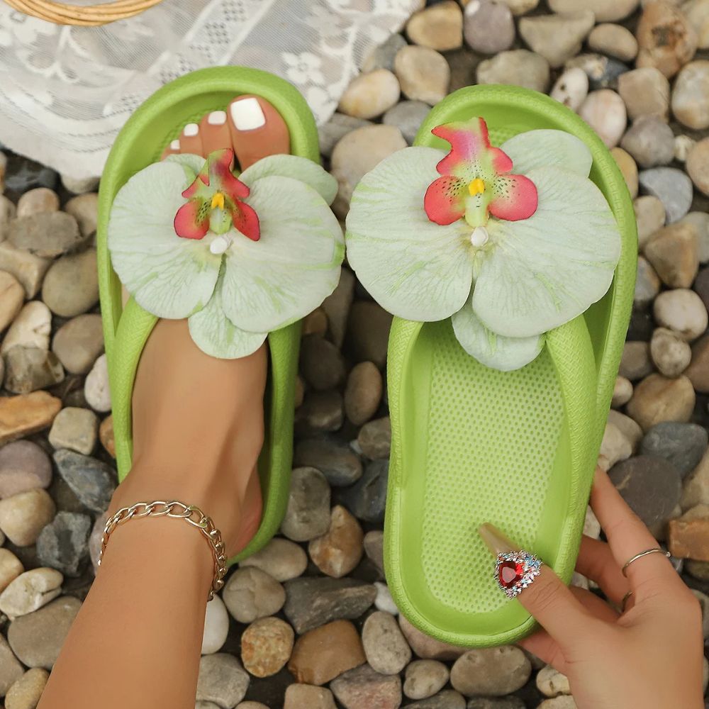 Belro ladies tropical orchid summer flip flops with floral design, casual footwear for warm weather, featuring colorful orchid patterns.
