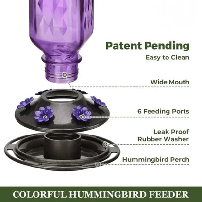 Belro 24oz leak-proof glass hummingbird feeder with a colorful floral design, suitable for outdoor garden decor.