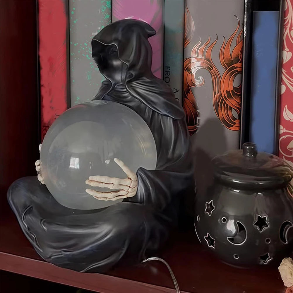 Belro Grim Reaper crystal ball Halloween night light with eerie glow, perfect for spooky holiday decor.