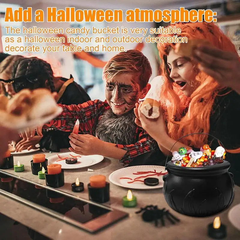 Belro Witch Cauldron Candy Bowl for Halloween decoration, featuring a spooky black cauldron with orange accents and candy inside.