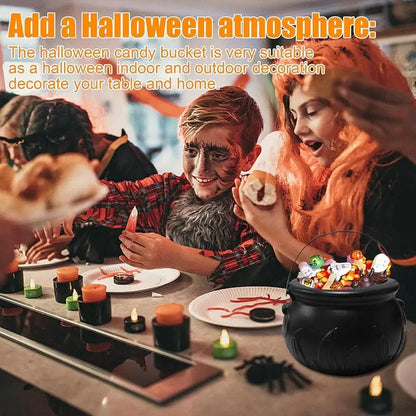 Belro Witch Cauldron Candy Bowl for Halloween decoration, featuring a spooky black cauldron with orange accents and candy inside.