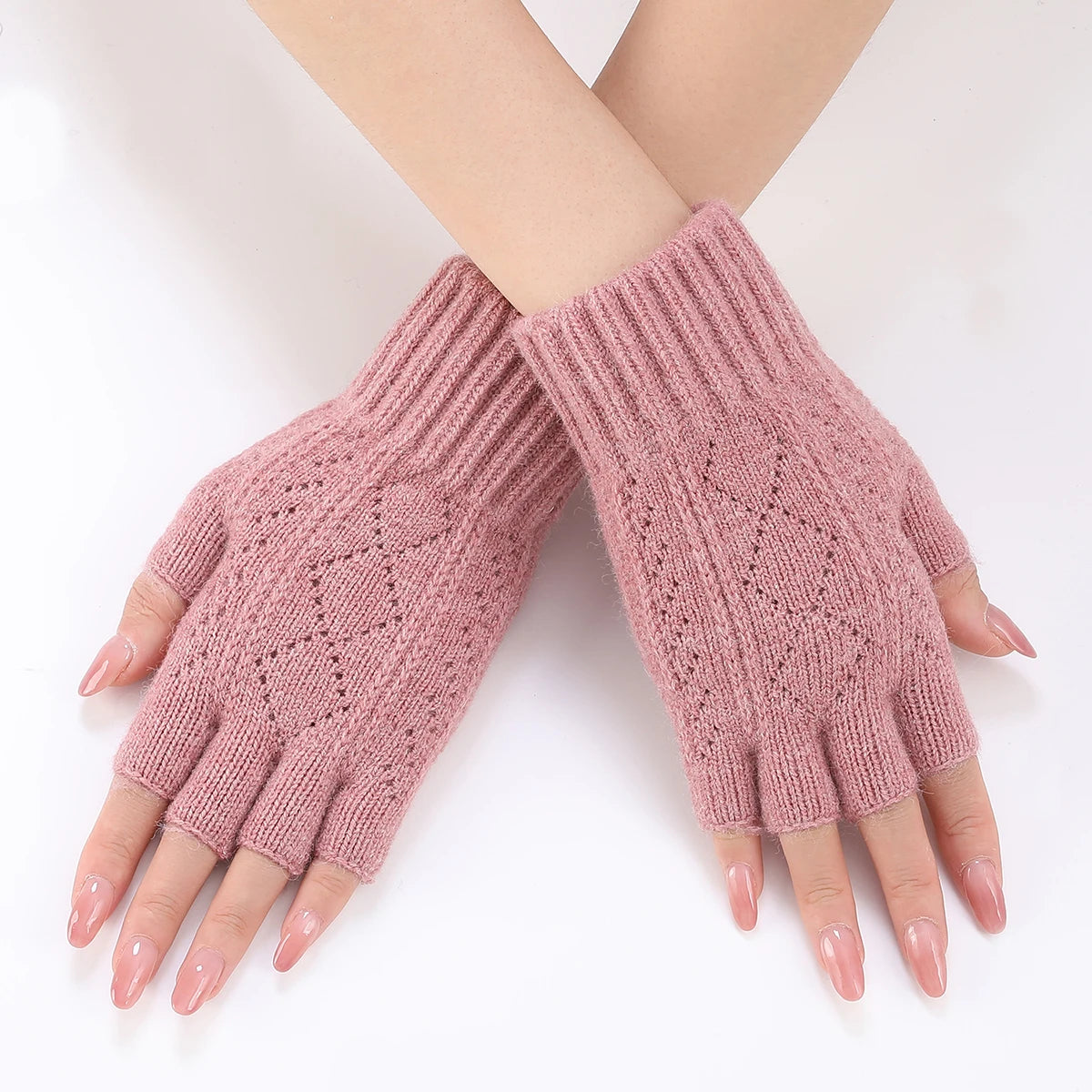 Belro soft knit fingerless gloves for winter, close-up of beige gloves showing their cozy, stretchy fabric and fingerless design.