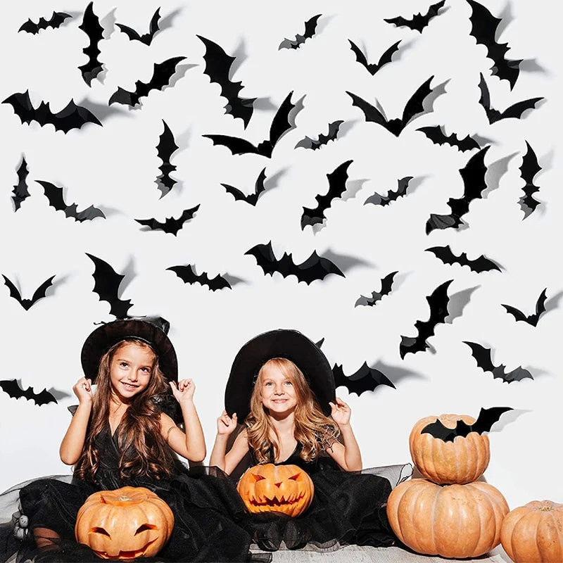 Belro 3D PVC Halloween bats wall stickers arranged on a wall, decorative spooky black bat designs for Halloween celebration.