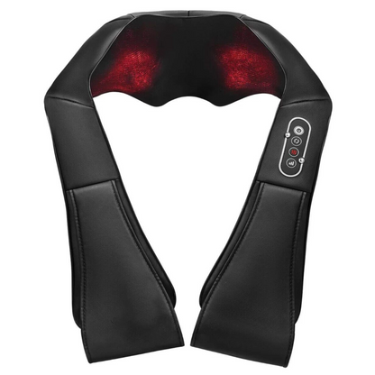 Belro heated shiatsu neck and shoulder massager with deep tissue pressure point nodes, designed for relaxation and pain relief.