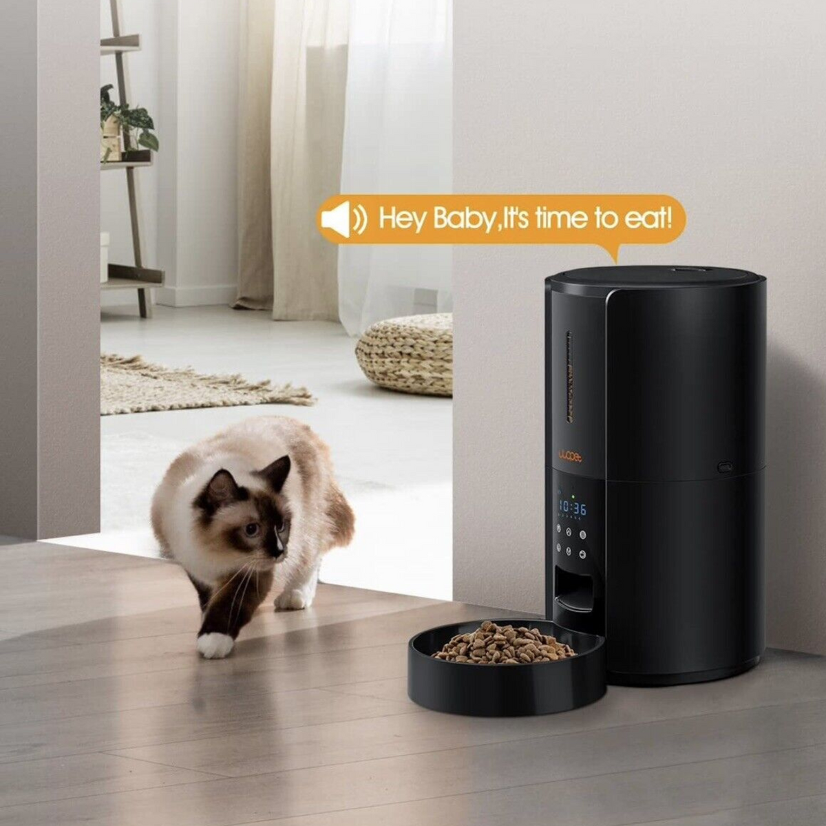 Large automatic dog and cat food dispenser by Belro, featuring a sleek design and multiple compartments for pet feeding.
