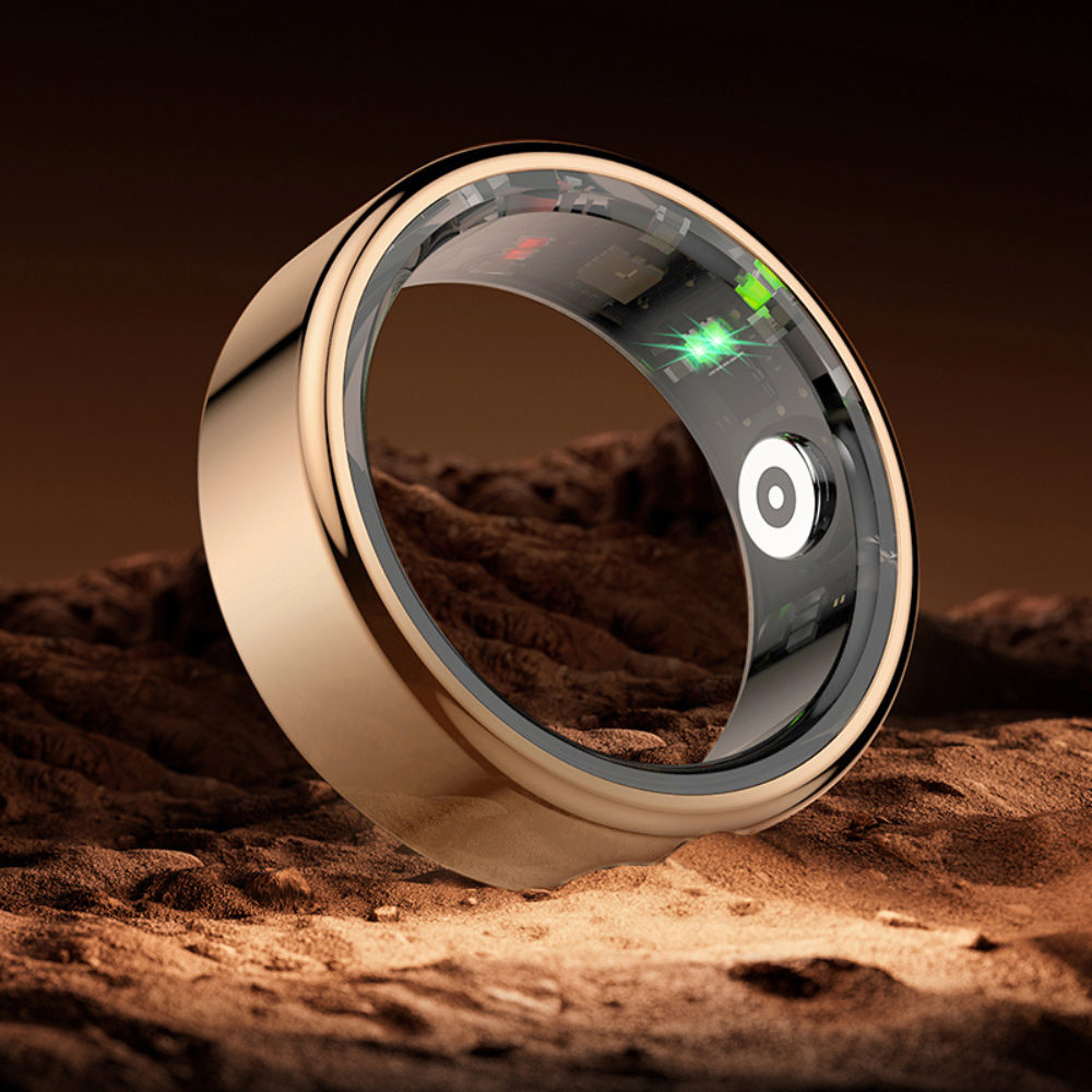 Belro smart ring for sleep and fitness tracking, shown on a user's finger, with sleek black design and minimalist style.