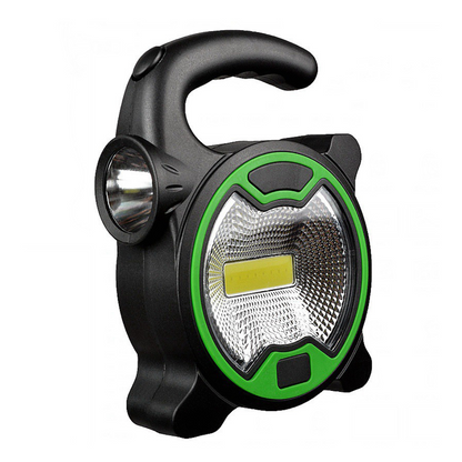 Belro rechargeable COB LED work bench light showing bright white illumination on a work surface with adjustable stand.