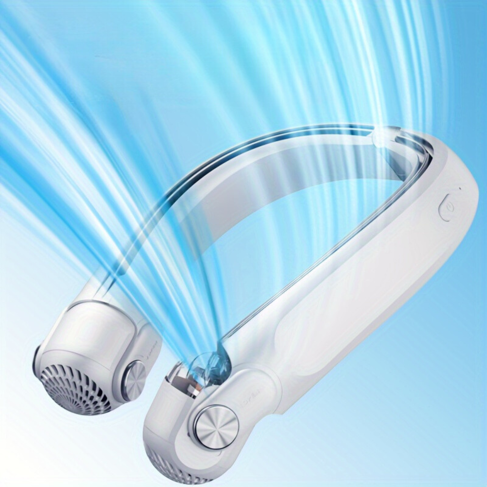 Belro wearable rechargeable summer travel neck cooling fan worn around the neck, compact and lightweight for outdoor use.