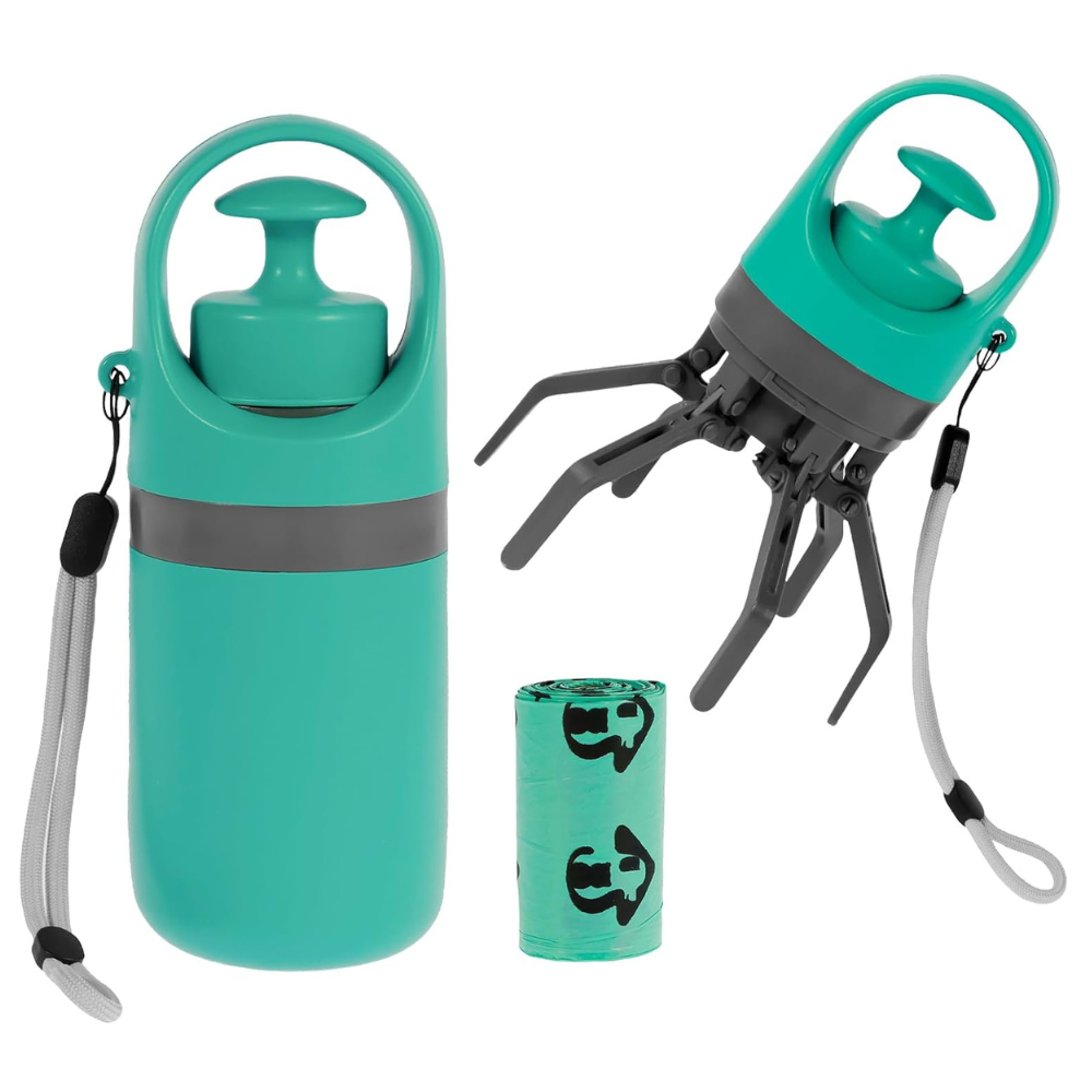 Belro dog poop picker upper claw with garbage bag dispenser, featuring durable plastic tool and attached waste bags for easy cleanup